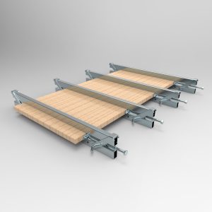 Woodworking edge gluing clamps attached to wooden boards for tight pressing during gluing.